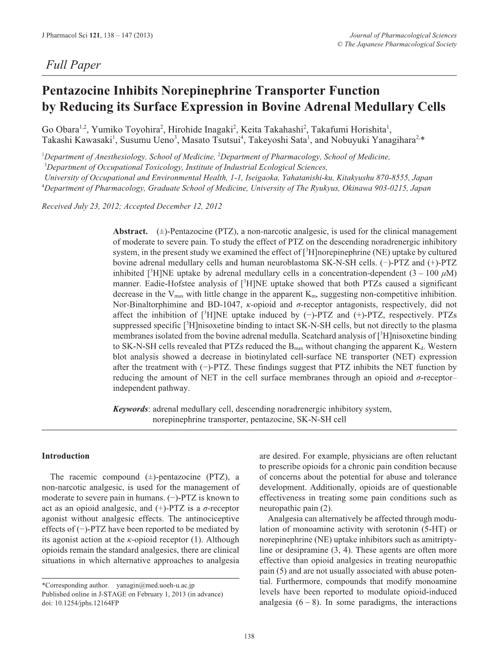 Pentazocine Inhibits Norepinephrine Transporter Function by Reducing Its Surface Expression in Bovine Adrenal Medullary Cells