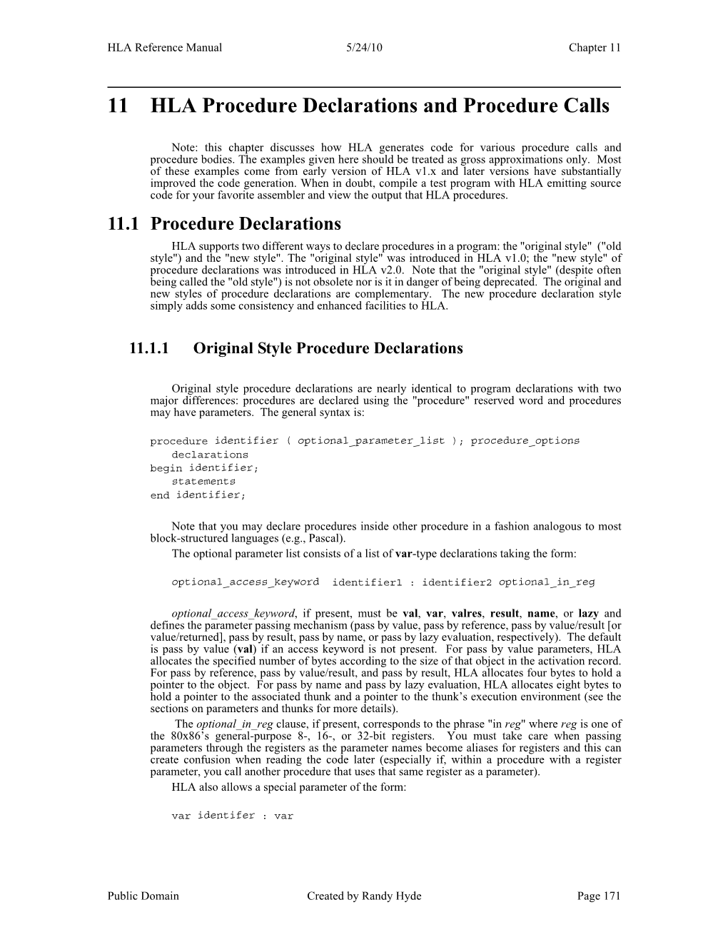 11 HLA Procedure Declarations and Procedure Calls