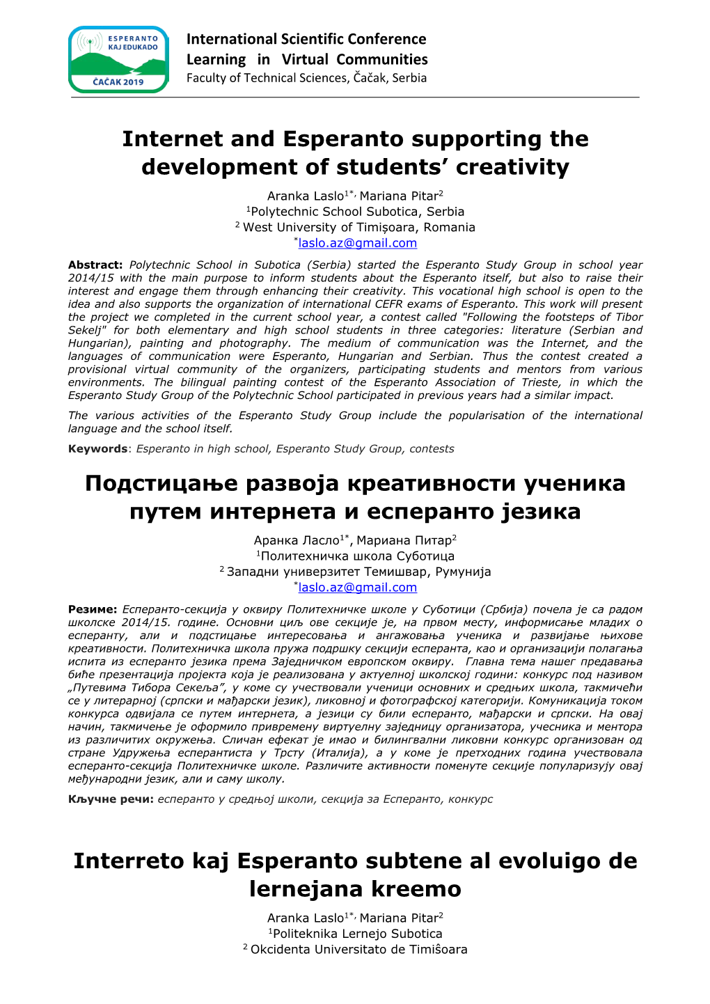 Internet and Esperanto Supporting the Development of Students' Creativity
