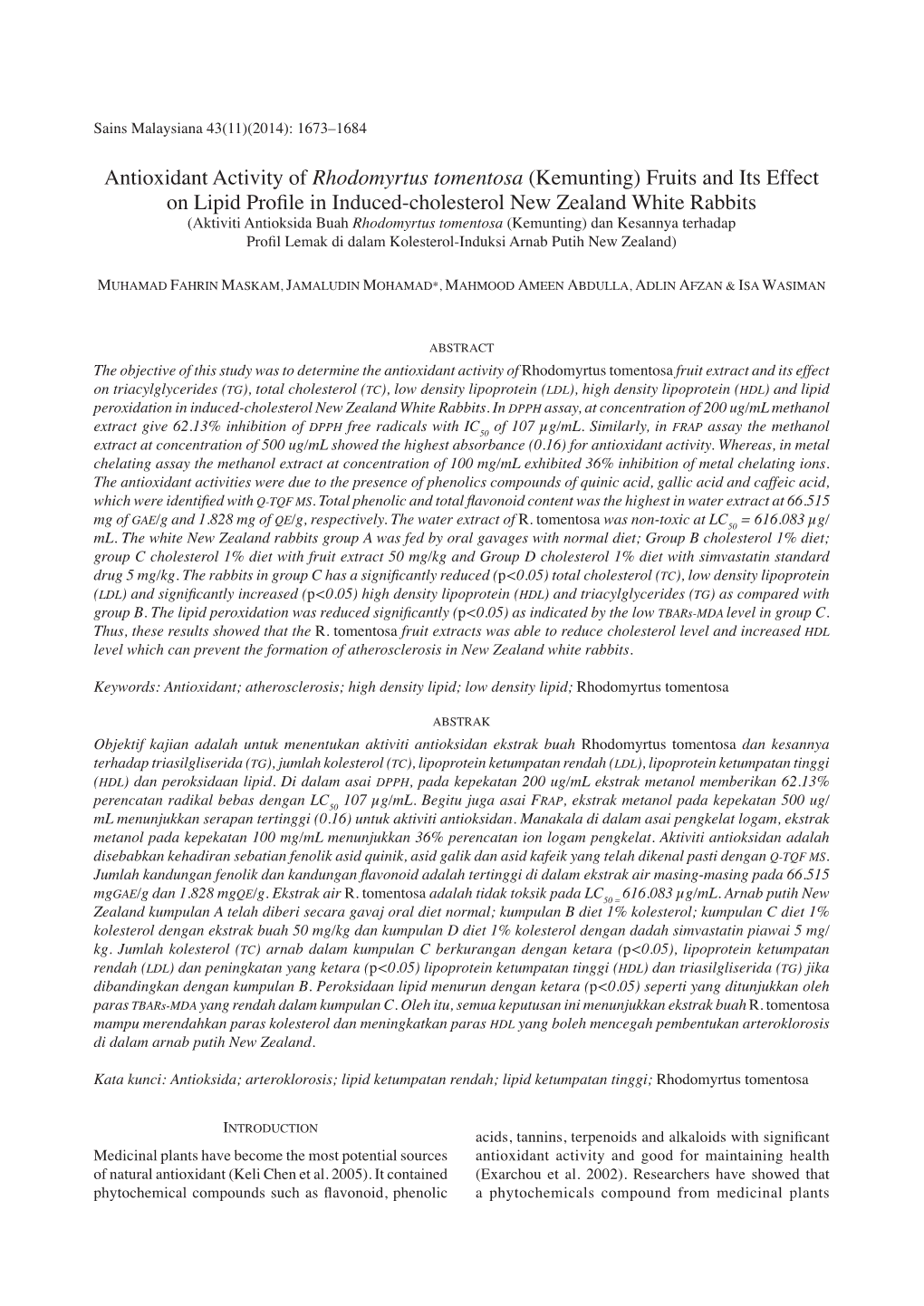 Antioxidant Activity of Rhodomyrtus Tomentosa