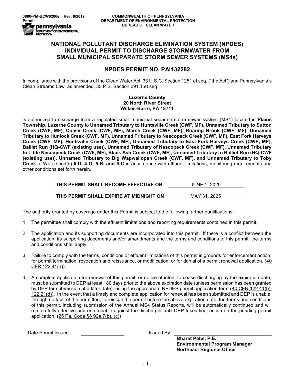 NPDES) INDIVIDUAL PERMIT to DISCHARGE STORMWATER from SMALL MUNICIPAL SEPARATE STORM SEWER SYSTEMS (Ms4s