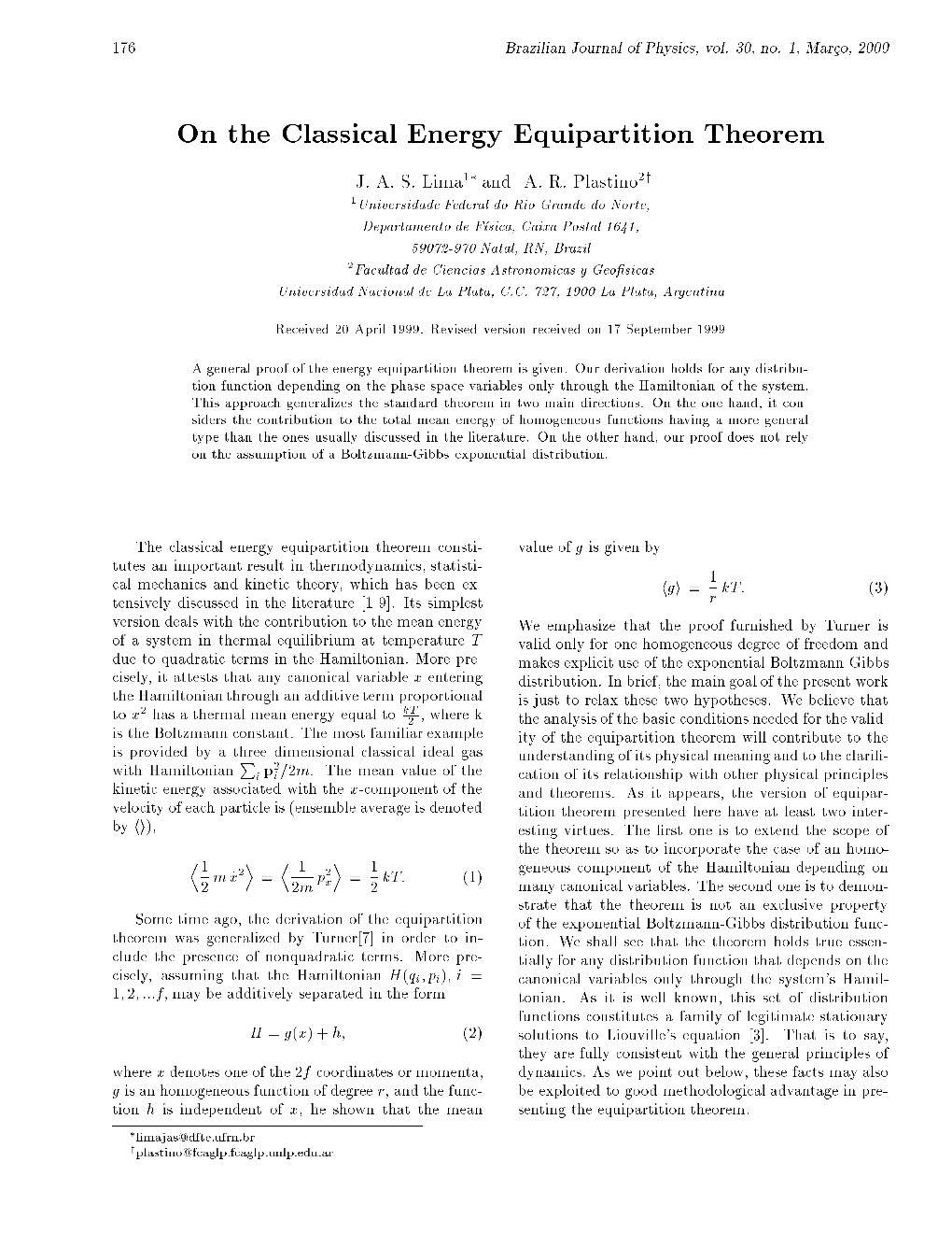 On the Classical Energy Equipartition Theorem