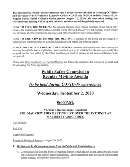 Public Safety Commission Regular Meeting Agenda (To Be Held Durin2 COVID-19 Emergency) Wednesday, September 2, 2020