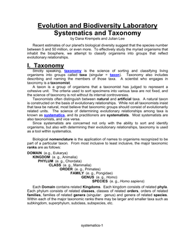 Evolution and Biodiversity Laboratory Systematics and Taxonomy by Dana Krempels and Julian Lee