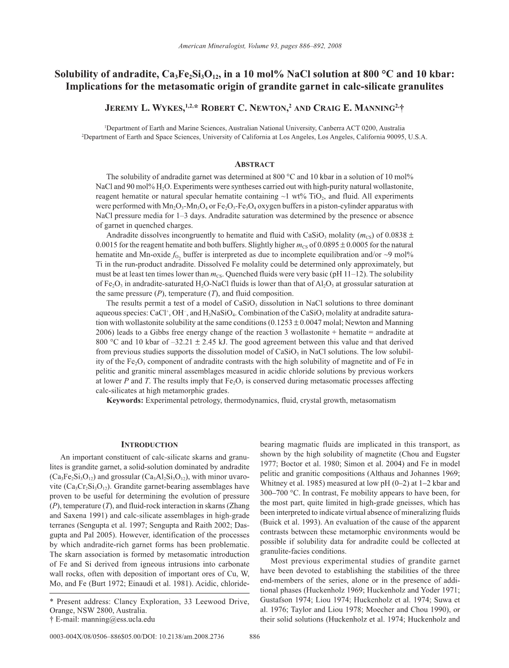 Solubility of Andradite, Ca3fe2si3o12, in a 10 Mol% Nacl Solution at 800