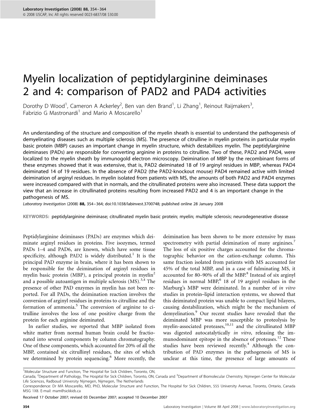 Myelin Localization of Peptidylarginine Deiminases 2 and 4: Comparison of PAD2 and PAD4 Activities