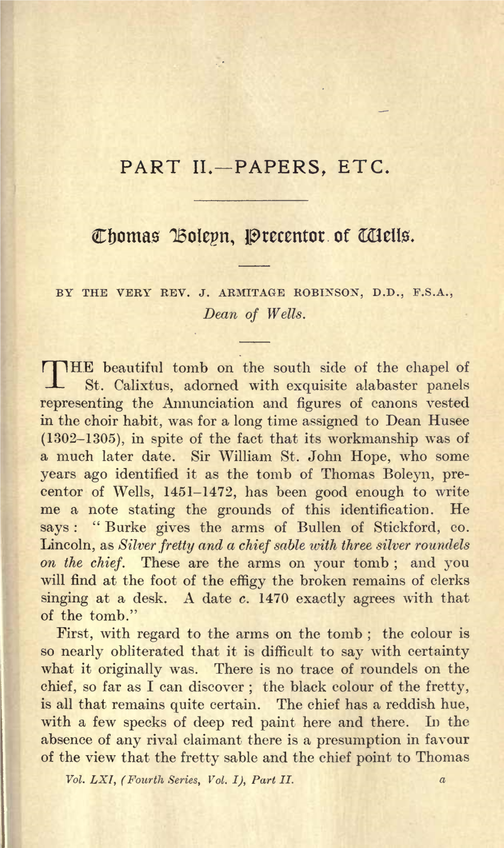 Armitage Robinson, J, Thomas Boleyn, Precentor of Wells, Part II, Volume