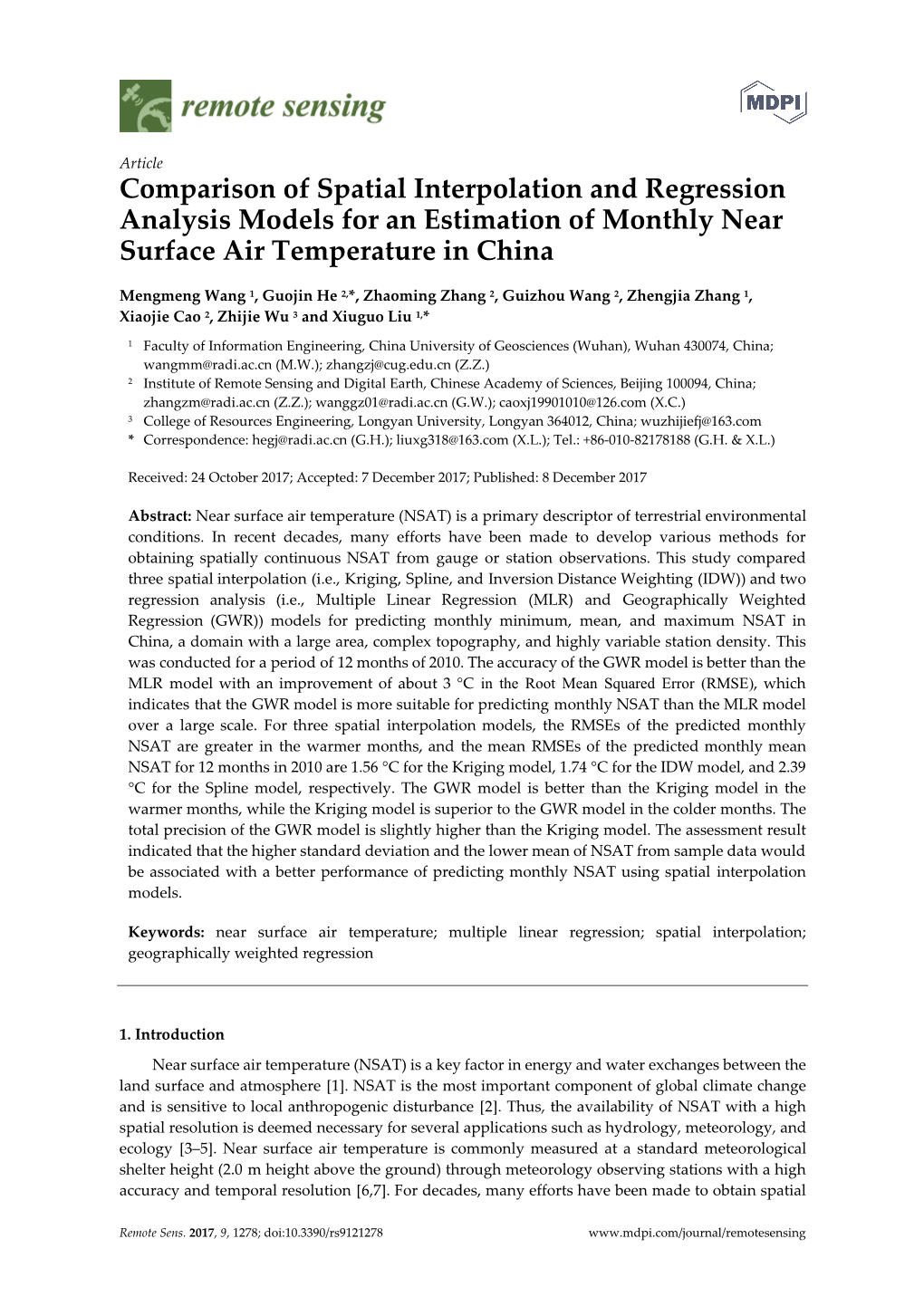 Comparison of Spatial Interpolation and Regression Analysis Models for an Estimation of Monthly Near Surface Air Temperature in China