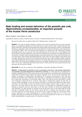 Mate Locating and Access Behaviour of the Parasitic Pea Crab, Nepinnotheres Novaezelandiae, an Important Parasite of the Mussel Perna Canaliculus