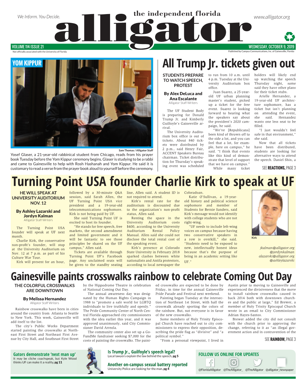 Turning Point USA Founder Charlie Kirk to Speak at UF HE WILL SPEAK at Followed by a 30-Minute Q&A Line, Allen Said