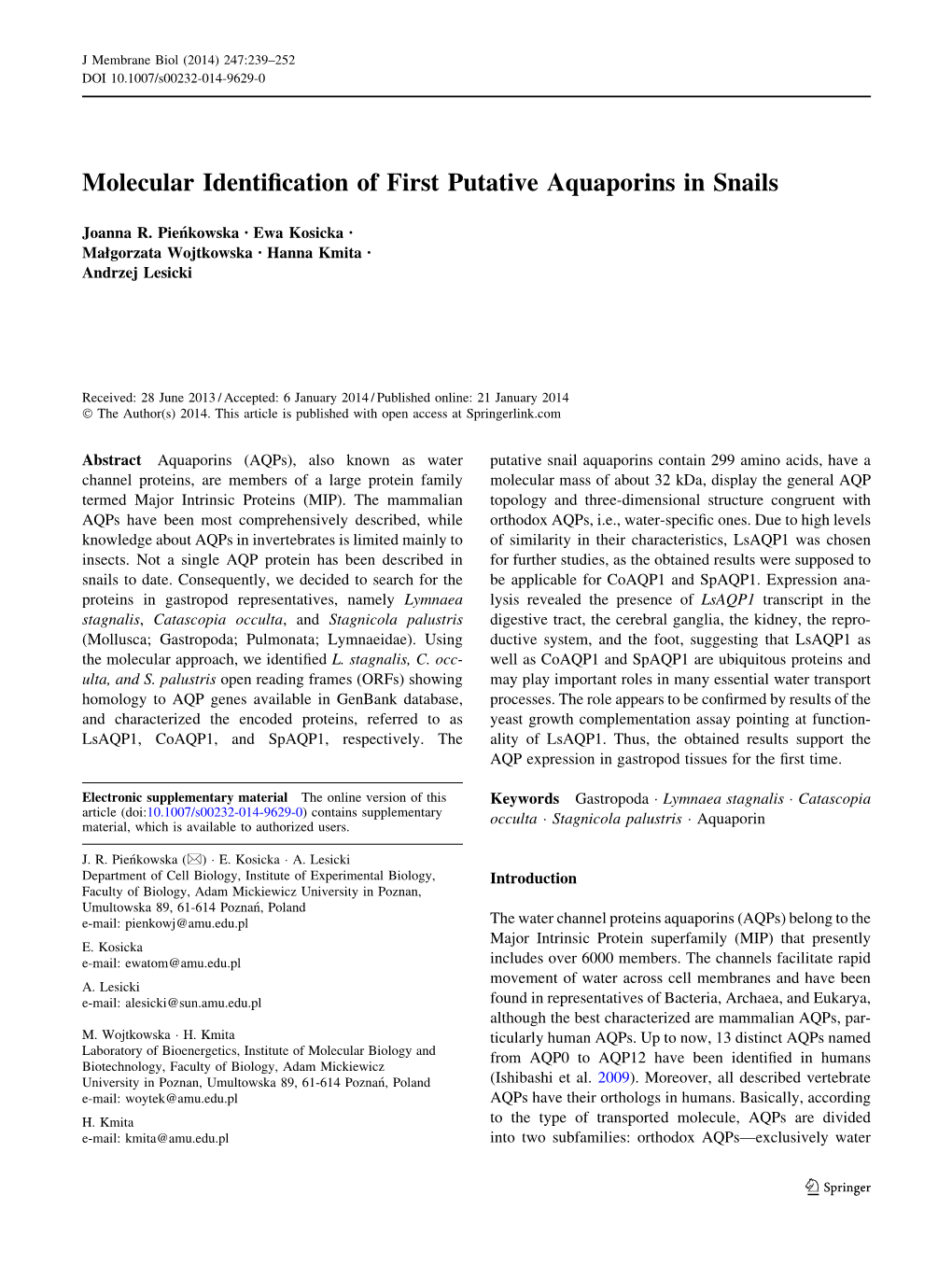 Molecular Identification of First Putative Aquaporins