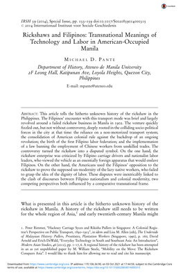 Rickshaws and Filipinos: Transnational Meanings of Technology and Labor in American-Occupied Manila