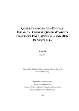 Queer Diaspora and Digital Intimacy: Chinese Queer Women's Practices for Using Rela and Her in Australia