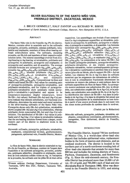 Silver Sulfosalts of the SANTO NINO VEIN, Fresnlllo DISTRICT, ZACATECAS, MEXICO J. BRUCE GEMMELL*, HALF ZANTOP ANDRICHARD W