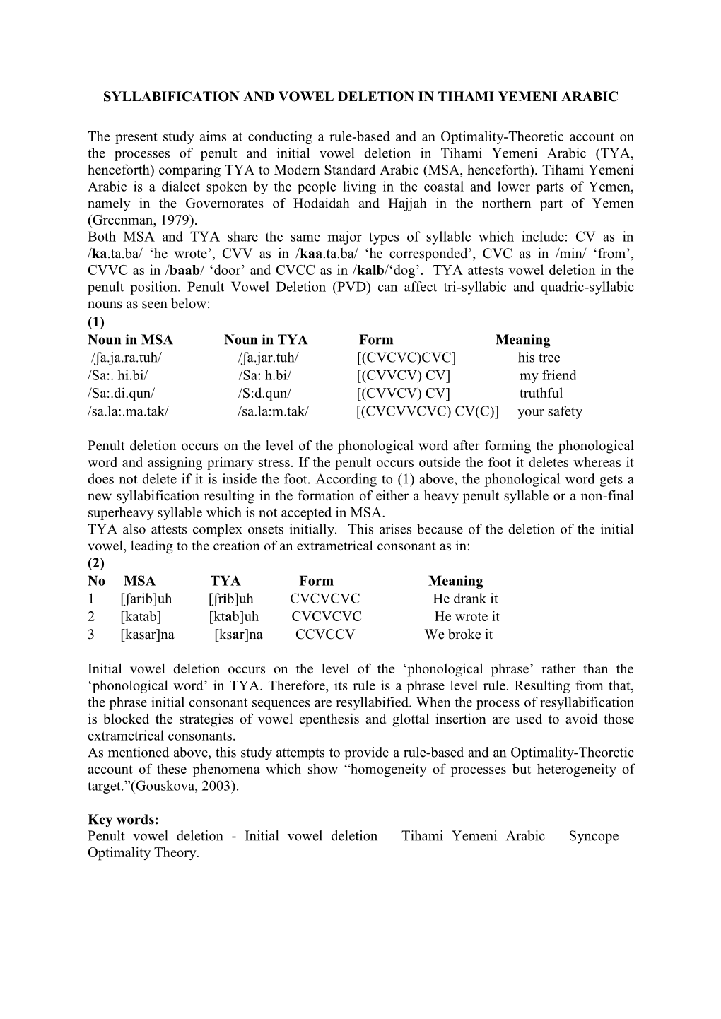 Syllabification and Vowel Deletion in Tihami Yemeni Arabic