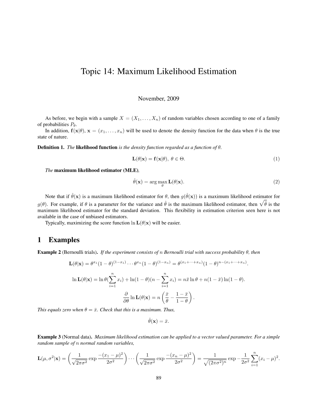 Topic 14: Maximum Likelihood Estimation