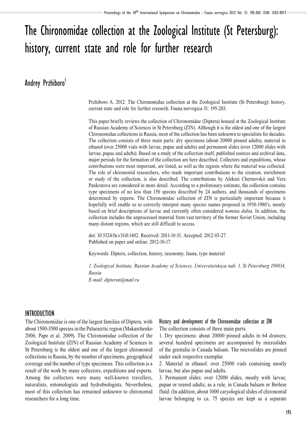 The Chironomidae Collection at the Zoological Institute (St Petersburg): History, Current State and Role for Further Research