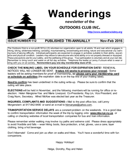 Wanderings Newsletter of the OUTDOORS CLUB INC