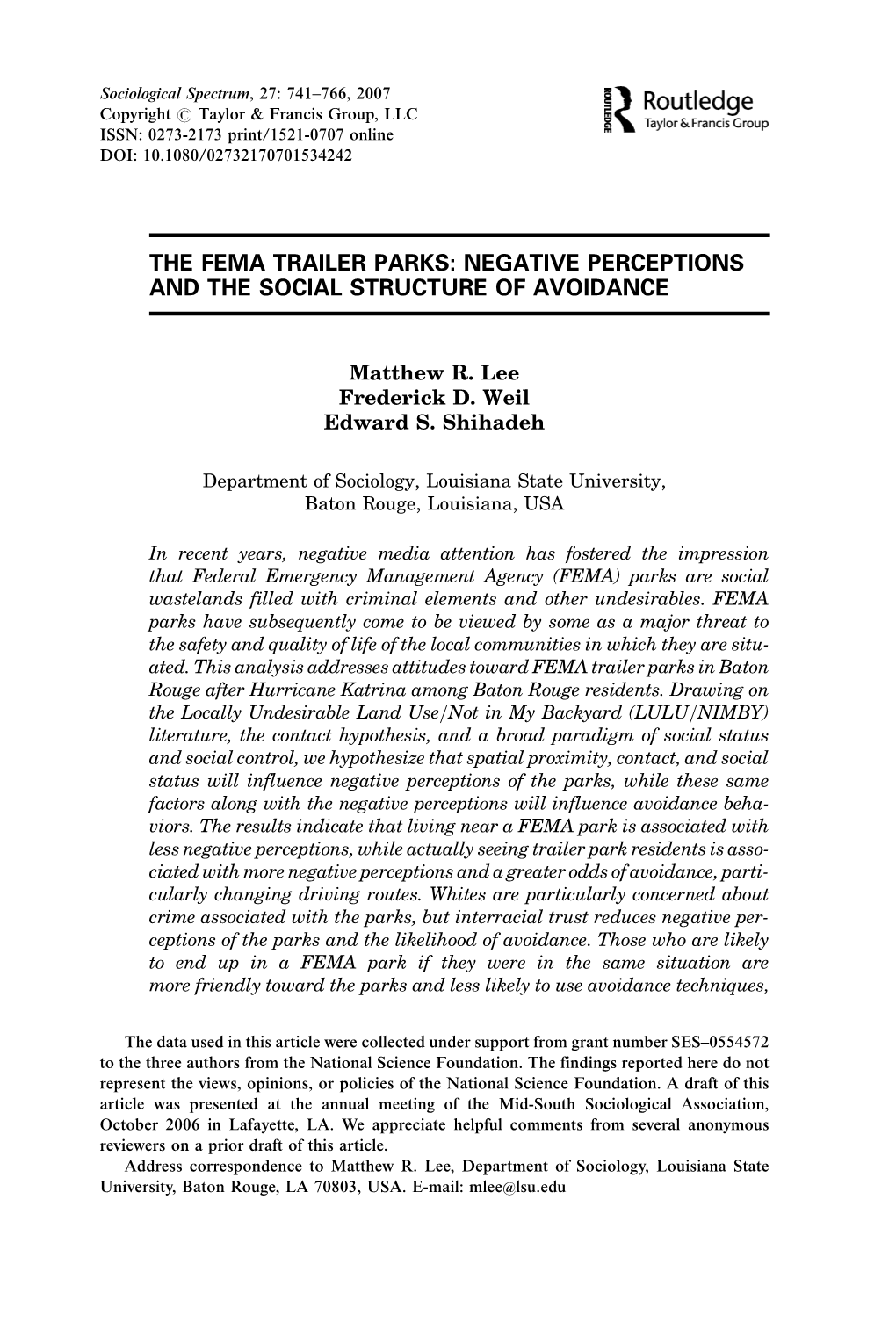 The Fema Trailer Parks: Negative Perceptions and the Social Structure of Avoidance