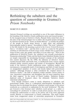 Rethinking the Subaltern and the Question of Censorship in Gramsci's Prison Notebooks
