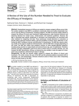 A Review of the Use of the Number Needed to Treat to Evaluate the Efﬁcacy of Analgesics