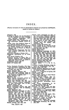 INDEX. (Family Surnames of Value in Genealogical Research Are Printed in CAPITALS; •Names of Places in Italics.)