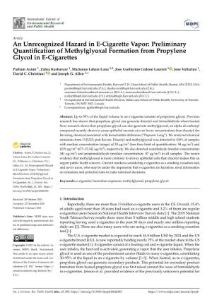An Unrecognized Hazard in E-Cigarette Vapor: Preliminary Quantiﬁcation of Methylglyoxal Formation from Propylene Glycol in E-Cigarettes