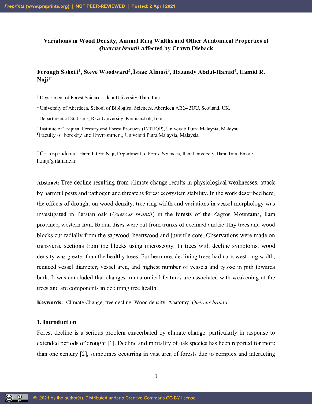 Variations in Wood Density, Annual Ring Widths and Other Anatomical Properties of Quercus Brantii Affected by Crown Dieback Foro