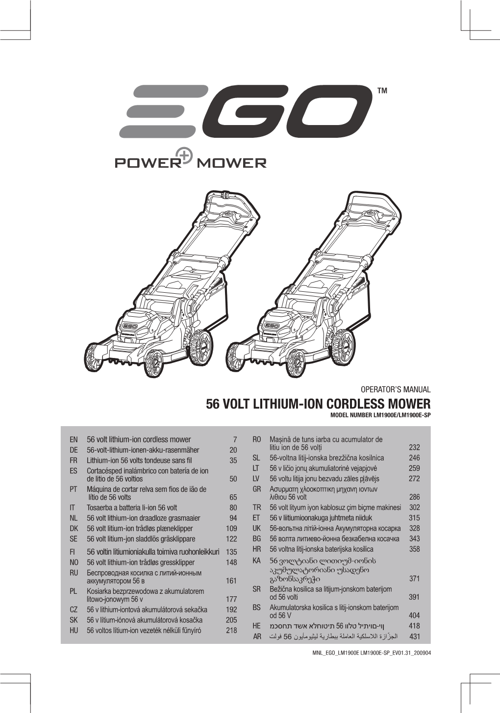 56 Volt Lithium-Ion Cordless Mower Model Number Lm1900e/Lm1900e-Sp