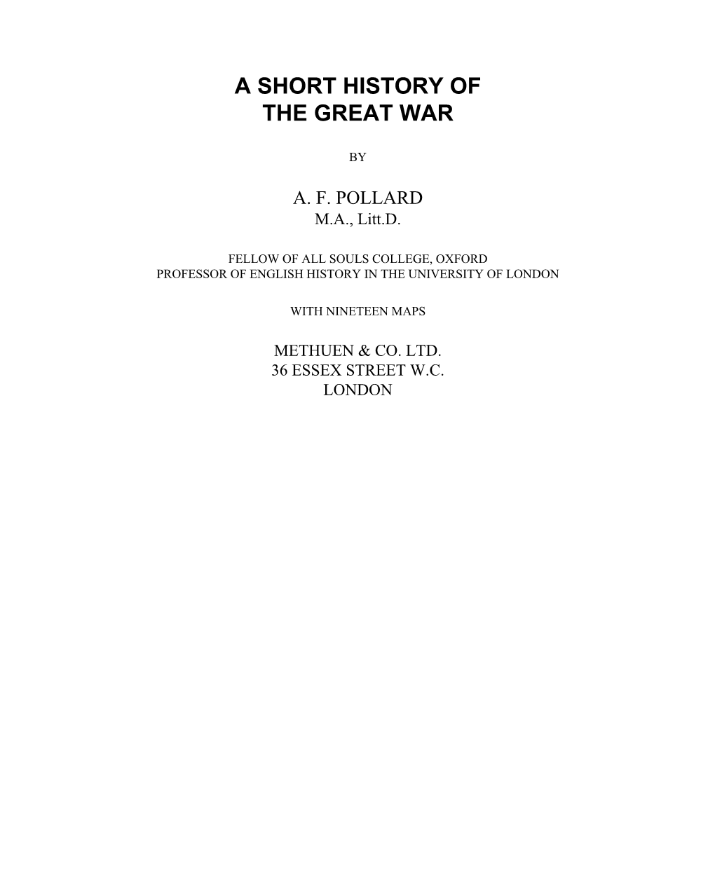 A Short History of the Great War - Title Page