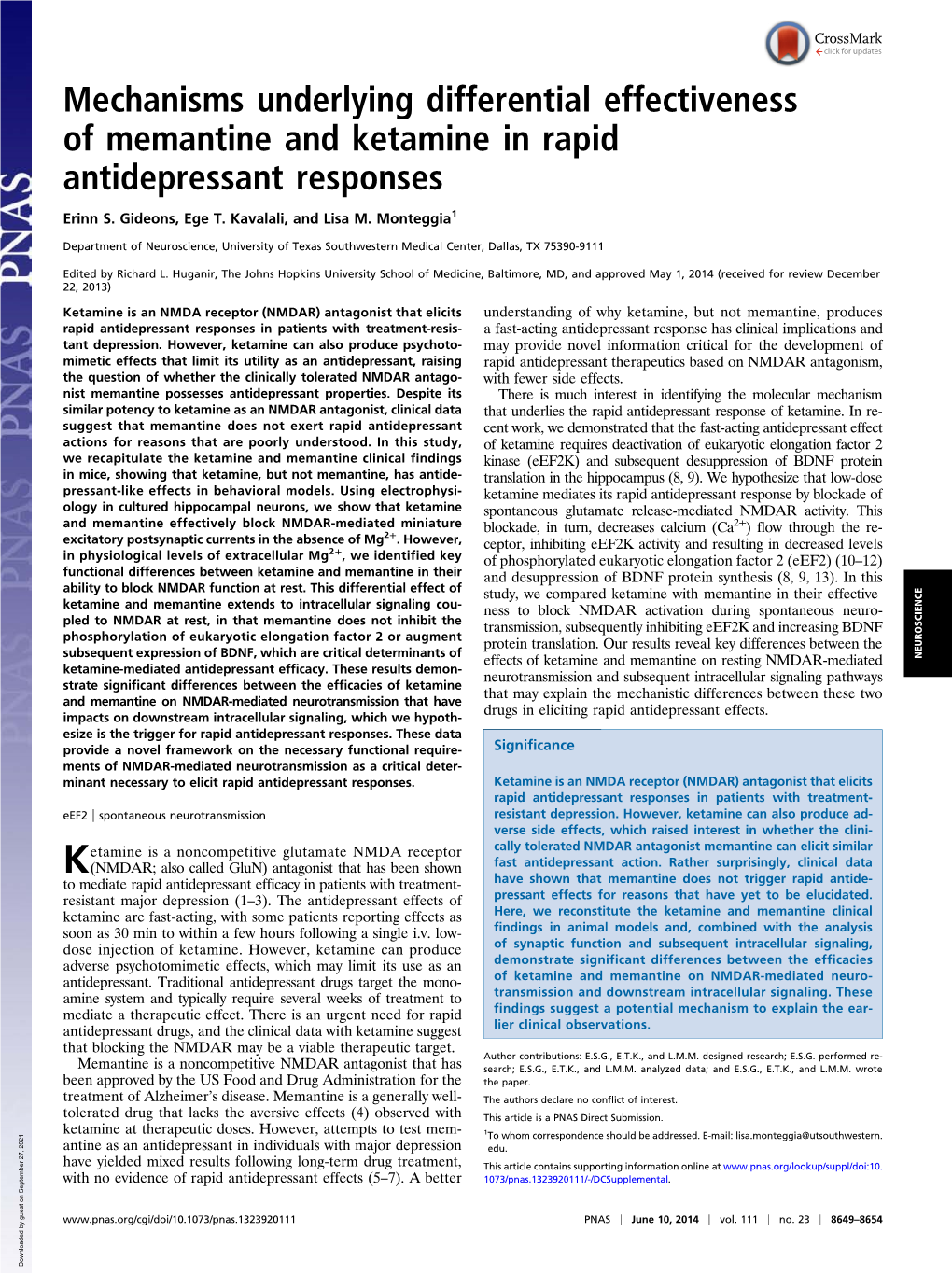 Mechanisms Underlying Differential Effectiveness of Memantine and Ketamine in Rapid Antidepressant Responses