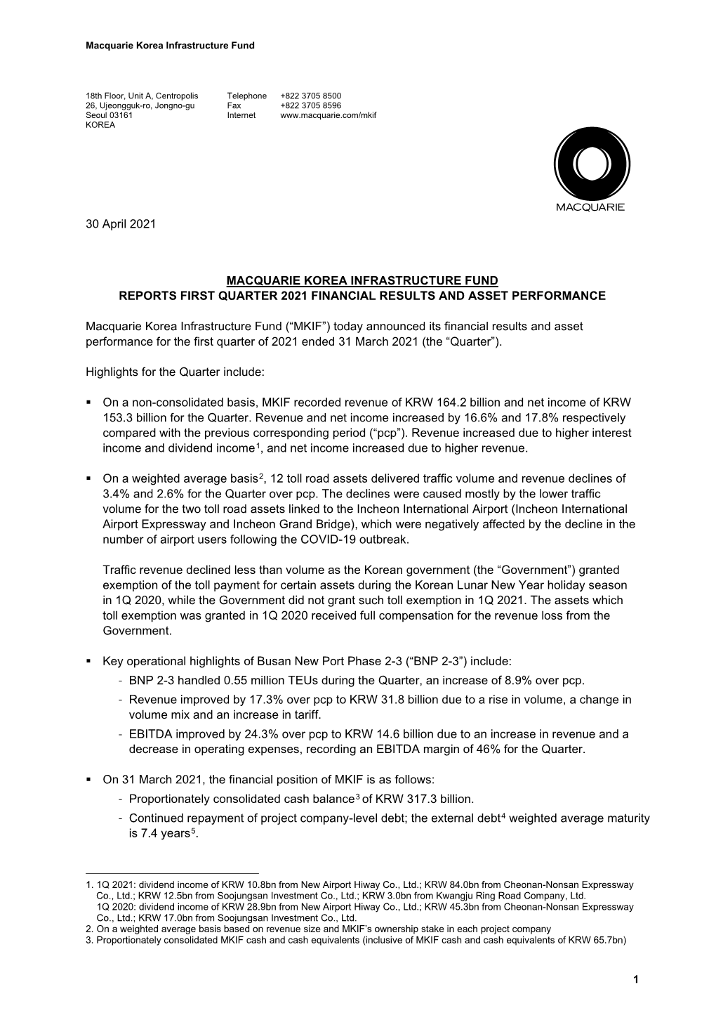 Reports 1Q 2021 Financial Results and Asset Performance