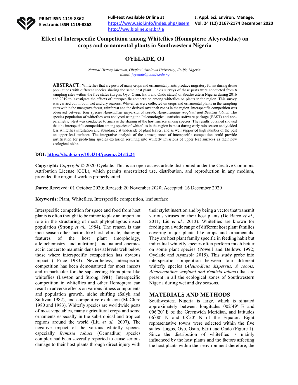 Effect of Interspecific Competition Among Whiteflies (Homoptera: Aleyrodidae) on Crops and Ornamental Plants in Southwestern Nigeria