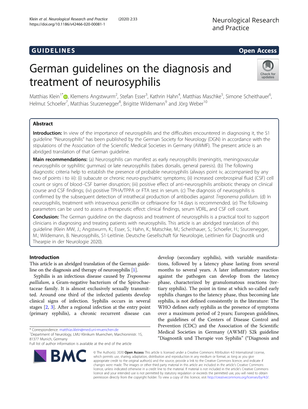 German Guidelines On The Diagnosis And Treatment Of Neurosyphilis - DocsLib