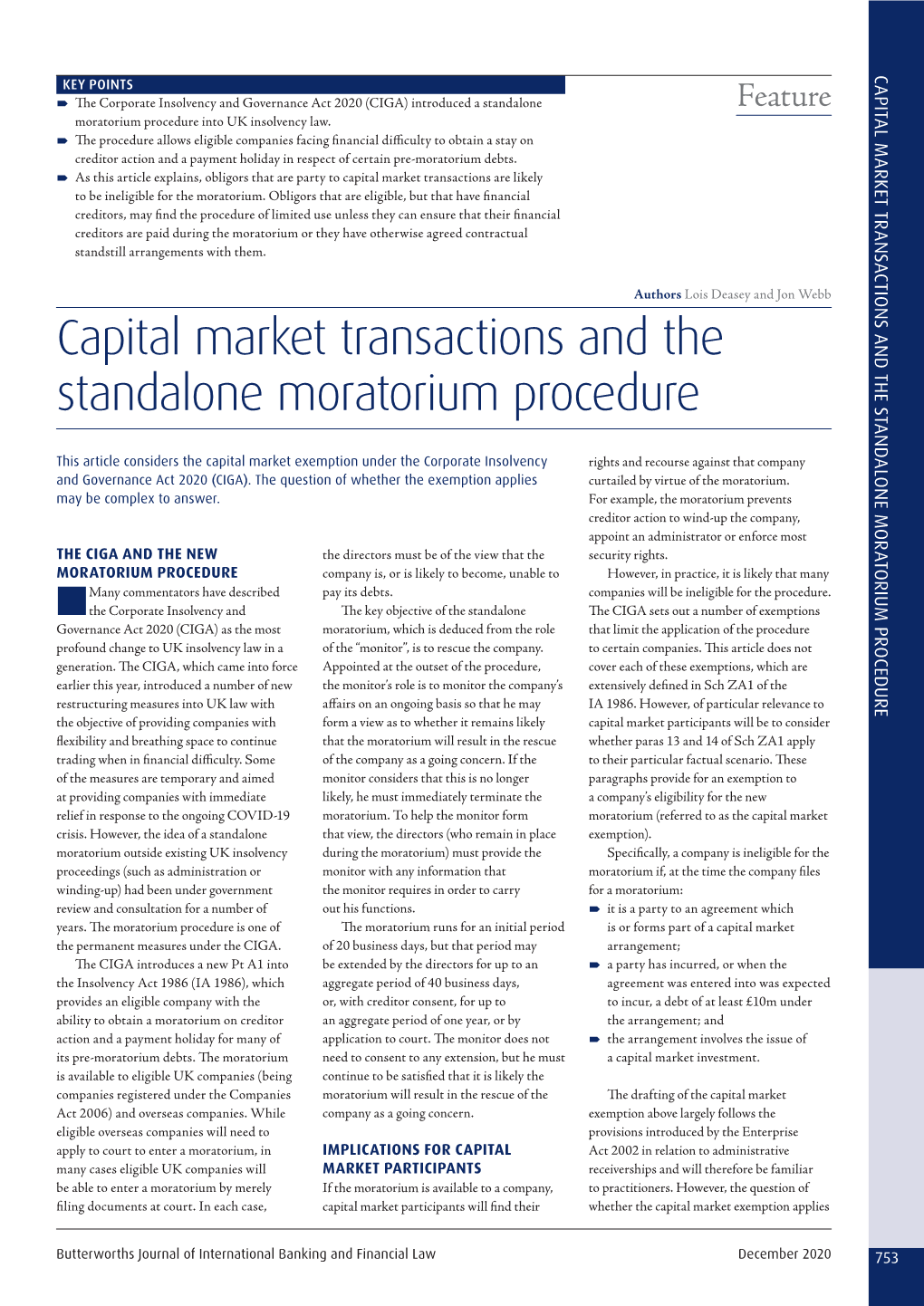 Capital Market Transactions and the Standalone Moratorium Procedure