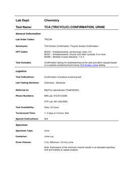 Tca (Tricyclic) Confirmation, Urine