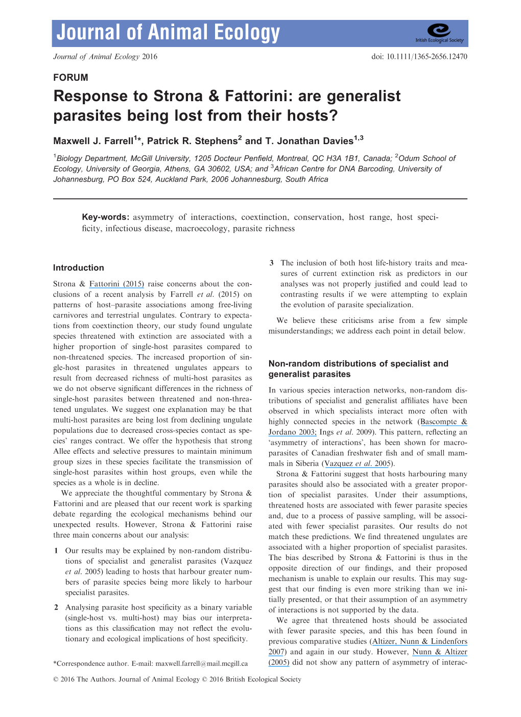 Are Generalist Parasites Being Lost from Their Hosts?