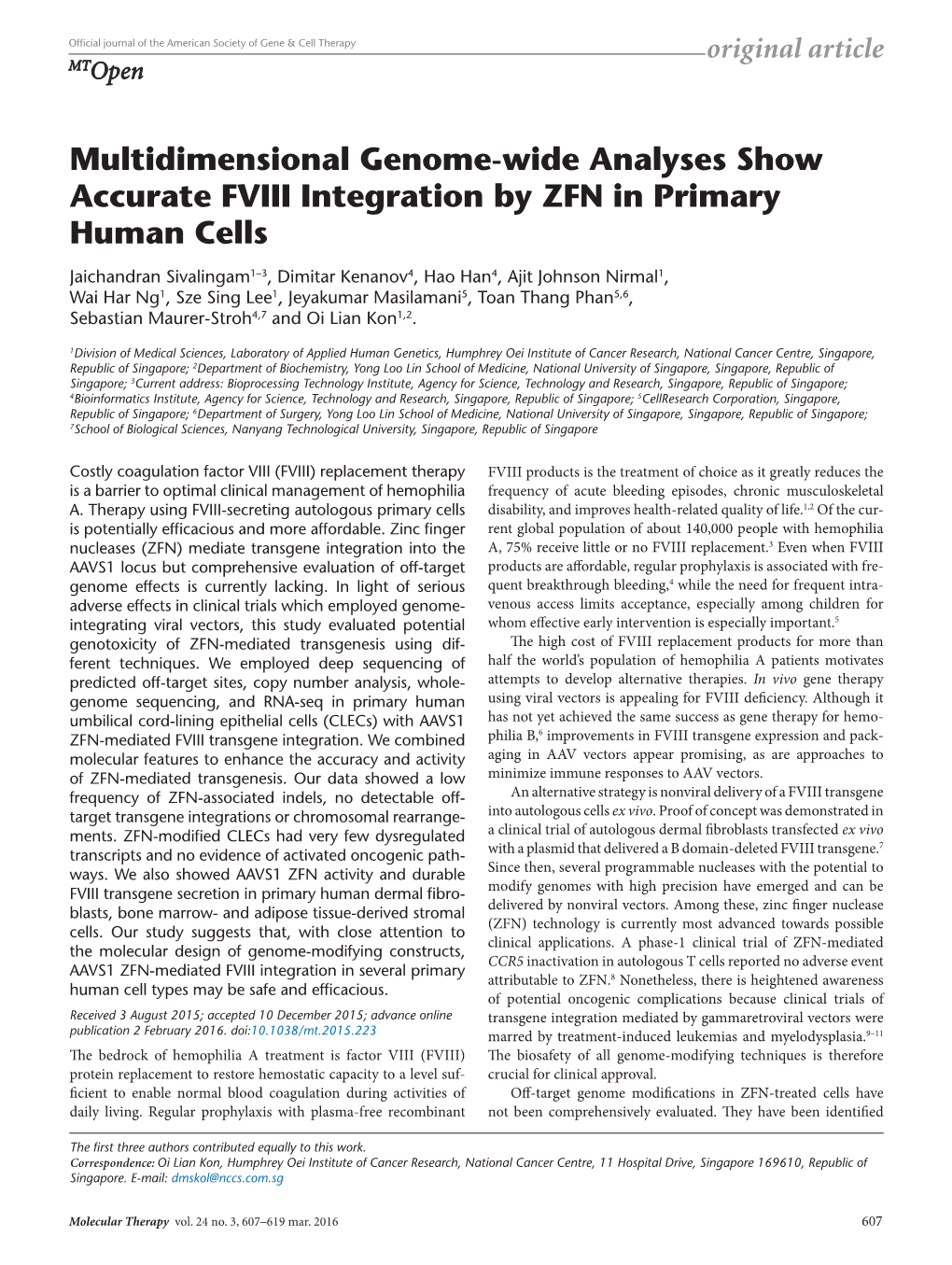 Multidimensional Genome-Wide Analyses Show Accurate FVIII Integration by ZFN in Primary Human Cells