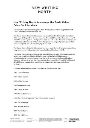 New Writing North to Manage the David Cohen Prize for Literature