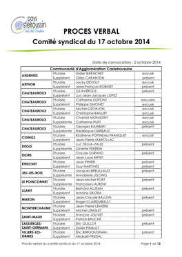 PROCES VERBAL Comité Syndical Du 17 Octobre 2014