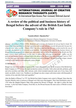 A Review of the Political and Business History of Bengal Before the Advent of the British East India Company’S Rule in 1765
