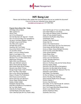 Hifi Song List Please Note That Bands Often Update Their Song Lists Faster Than We Can Update This Document! If You Do Not See Your Requested Song, Please Ask