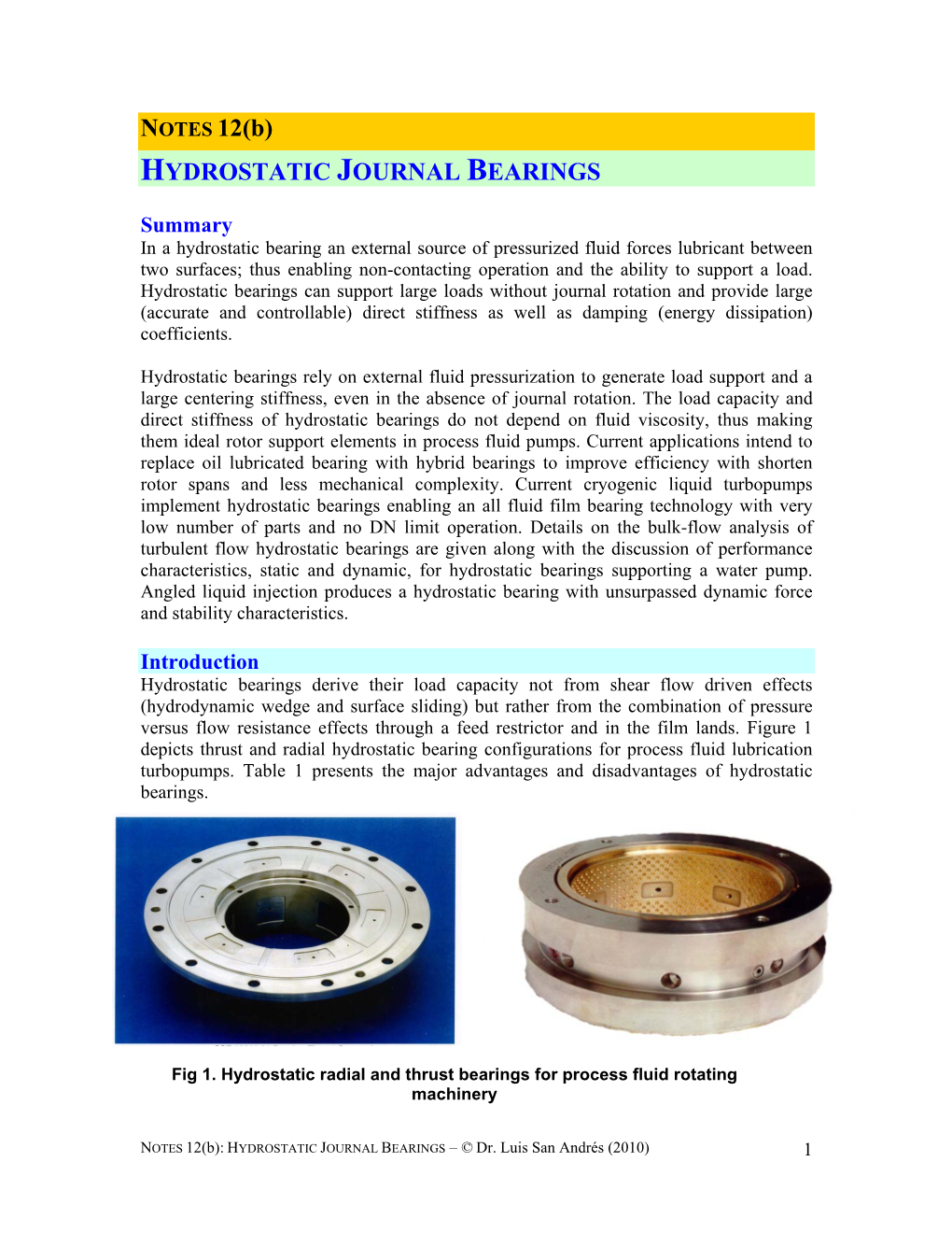 NOTES 12(B) HYDROSTATIC JOURNAL BEARINGS