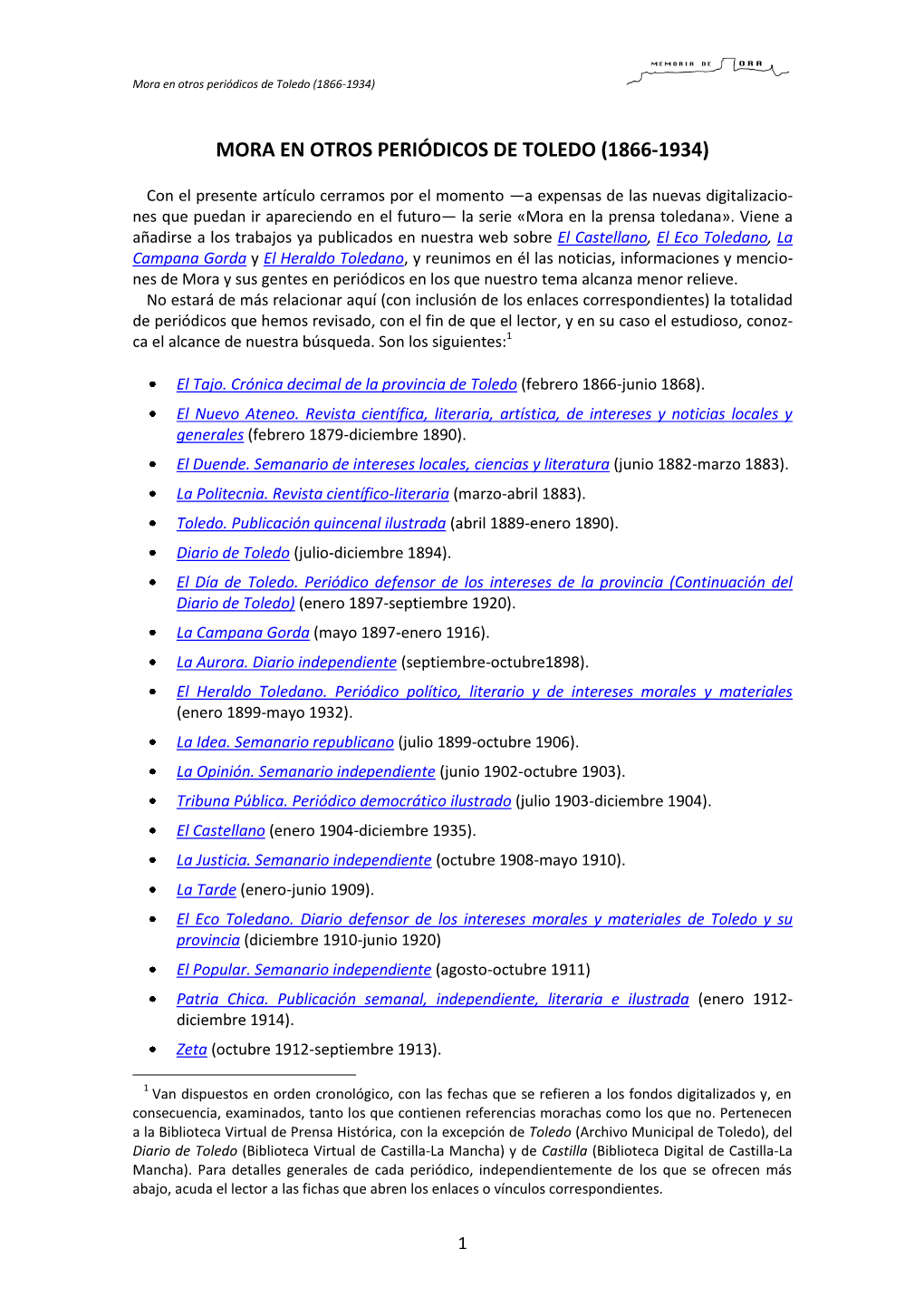 Mora En Otros Periódicos De Toledo (1866-1934)