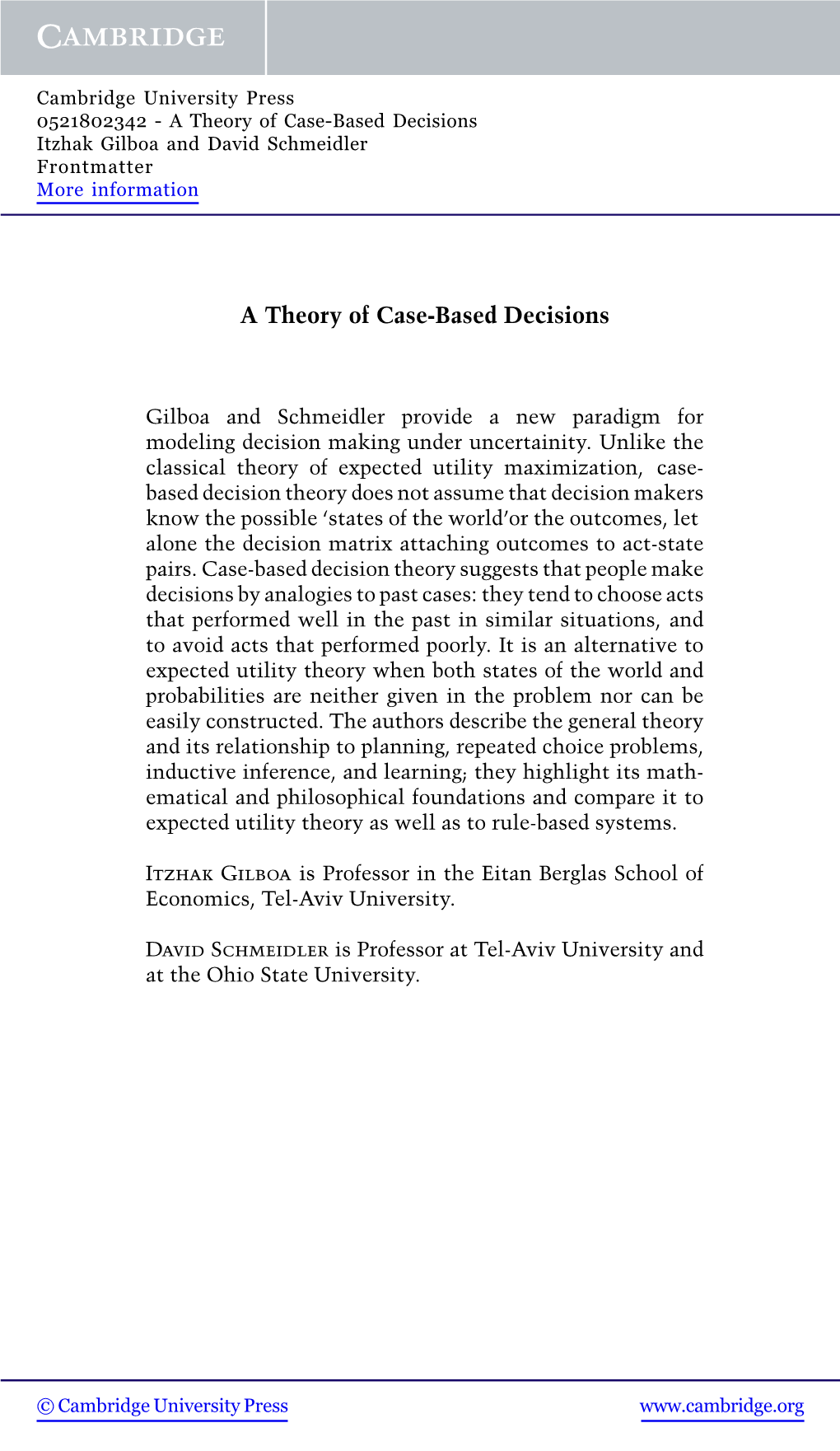 A Theory of Case-Based Decisions Itzhak Gilboa and David Schmeidler Frontmatter More Information