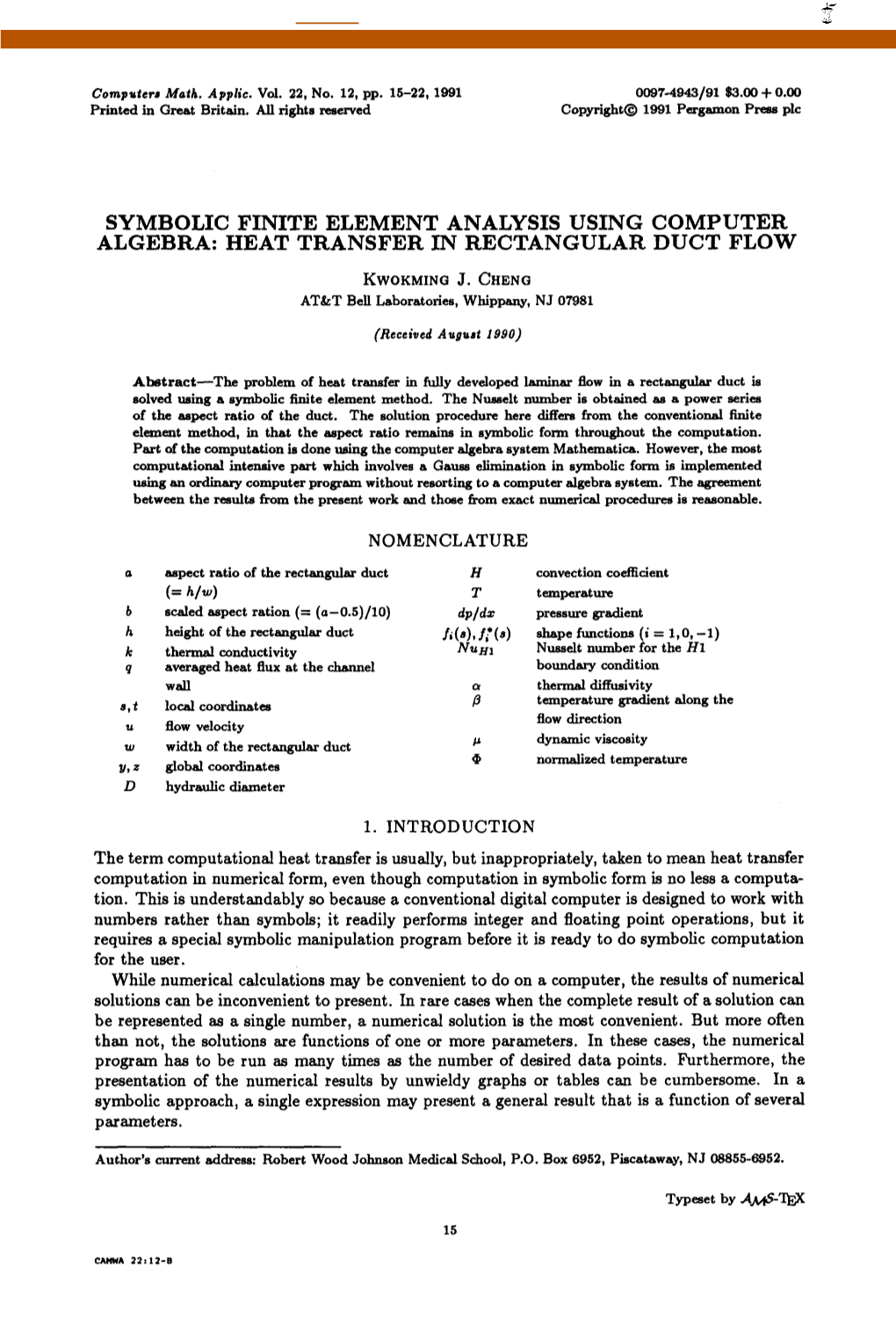 Symbolic Finite Element Analysis Using Computer Algebra: Heat Transfer in Rectangular Duct Flow