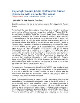 Playwright Naomi Iizuka Explores the Human Experience with an Eye for the Visual Category/Issue: Arts & Entertainment, Volume 33 No