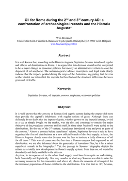 Oil for Rome During the 2Nd and 3Rd Century AD: a Confrontation of Archaeological Records and the Historia Augusta*