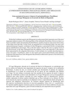 (Cyprinodontiformes: Poeciliinae) from Lake Miragoane in Southwestern Haiti, Hispaniola