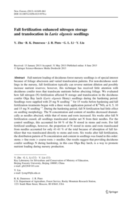 Fall Fertilization Enhanced Nitrogen Storage and Translocation in Larix Olgensis Seedlings